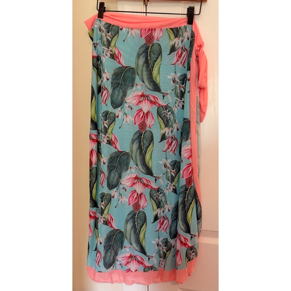 Davi & Dani Intimates Tropical Floral Mesh Sarong Wrap Swim Cover Up Blue Pink L